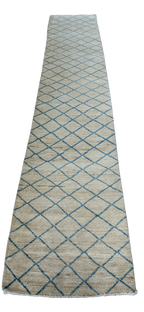62893 Modern Moroccan Ivory and Blue Runner 2'9" x 13'