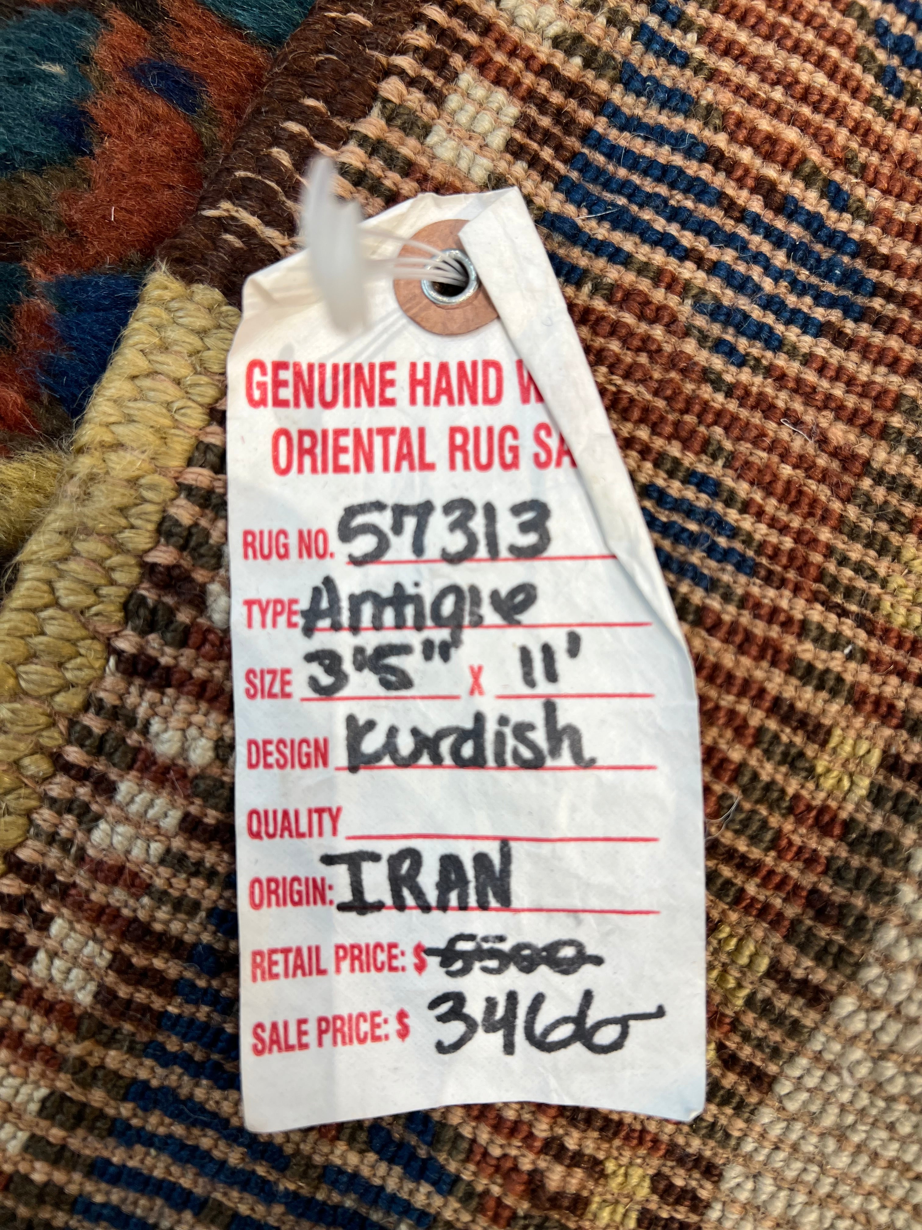 57313 Antique Kurdish Iran Runner 3'5"x11'