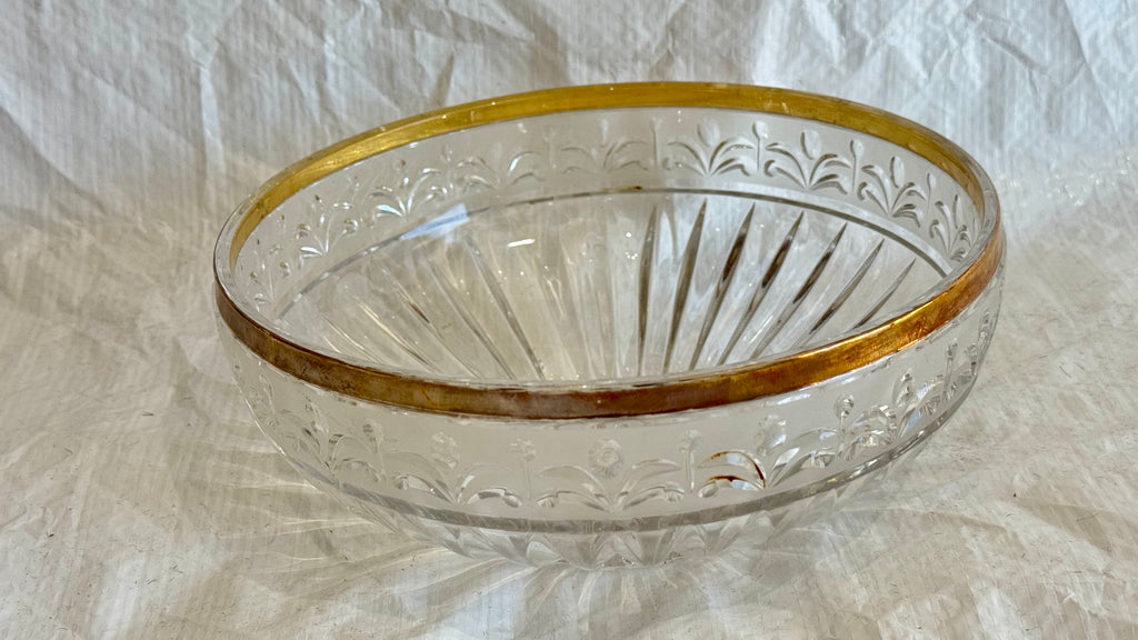 Crystal Bowl 9" by 4" Gilded rim, cut glass
