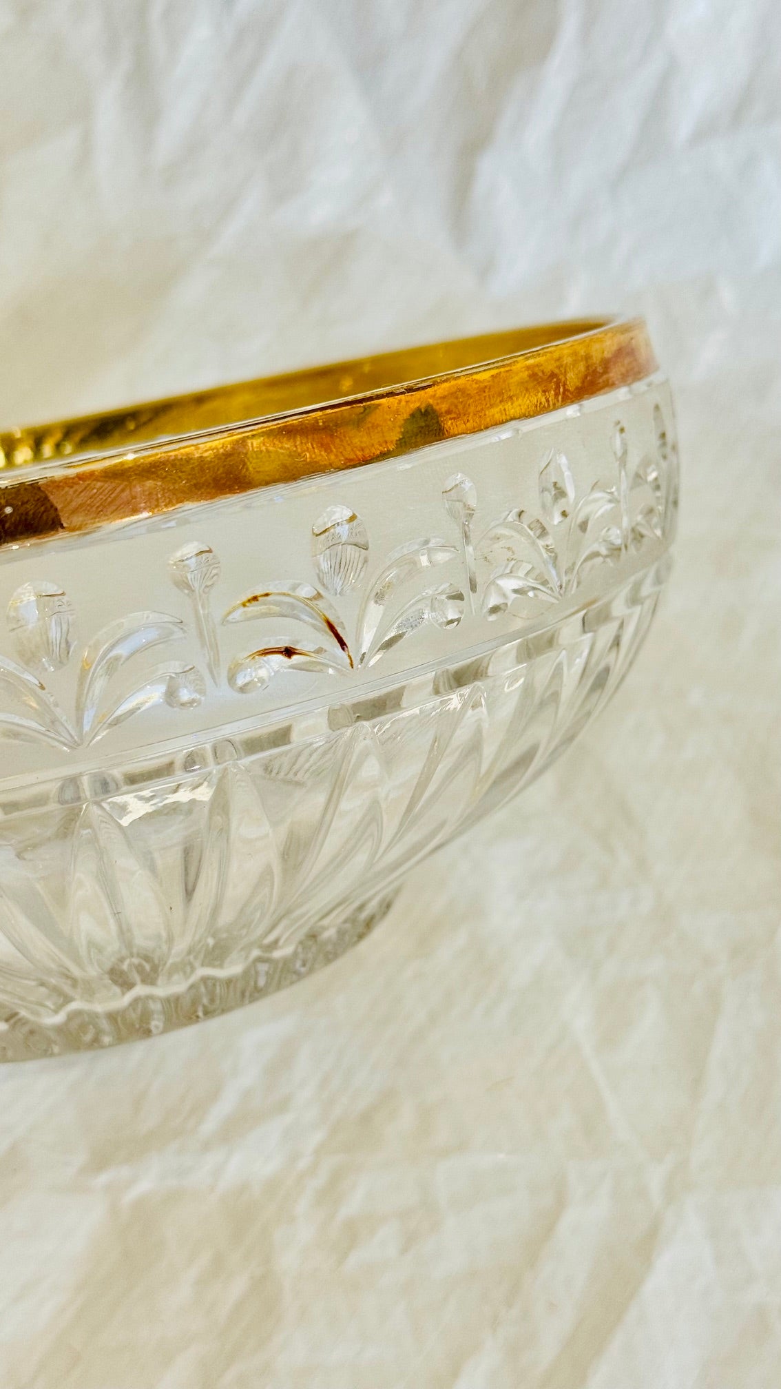 Crystal Bowl 9" by 4" Gilded rim, cut glass