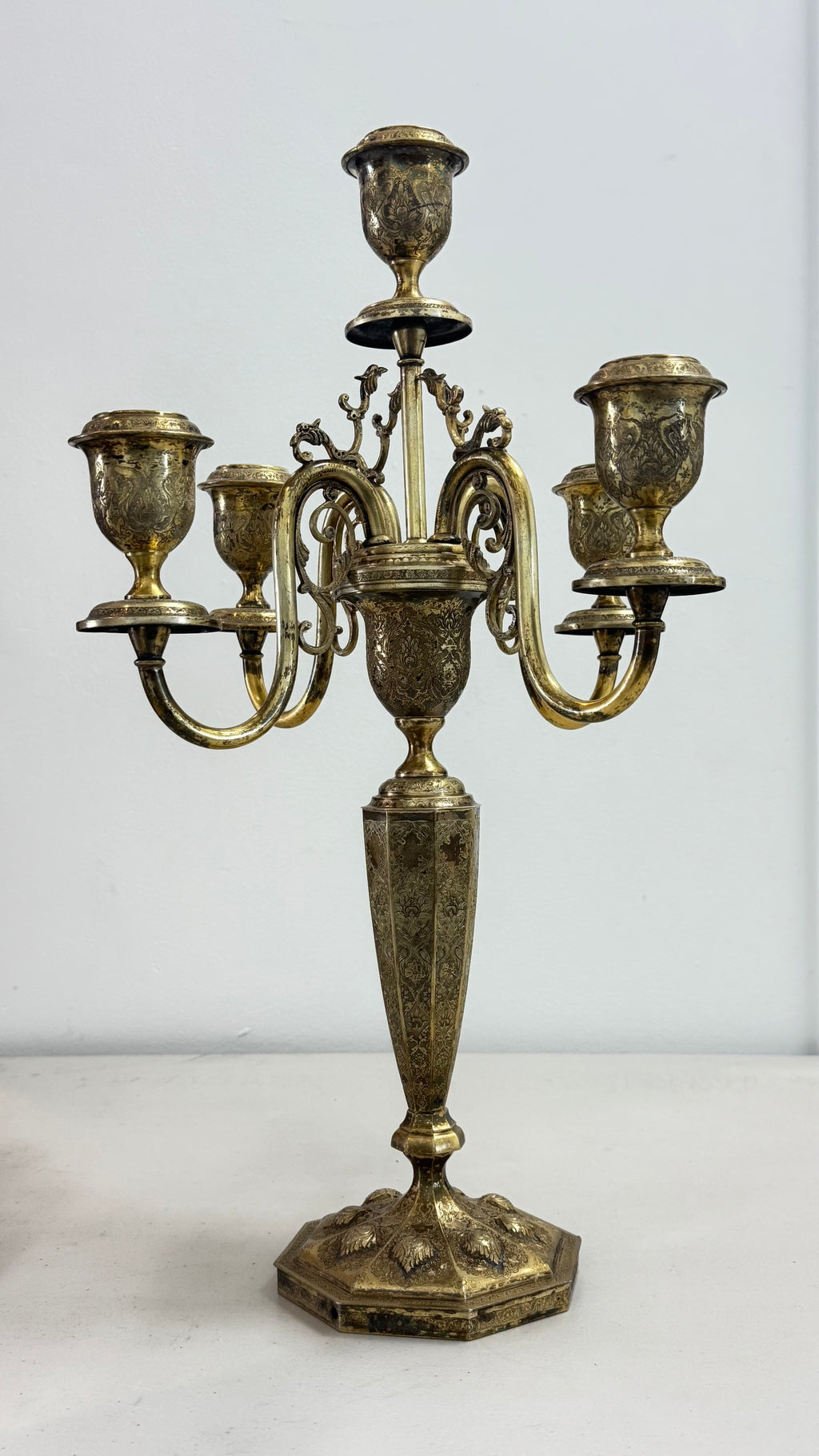 Pair of vintage French Baroque/Rococo style 4 arm brass candelabras