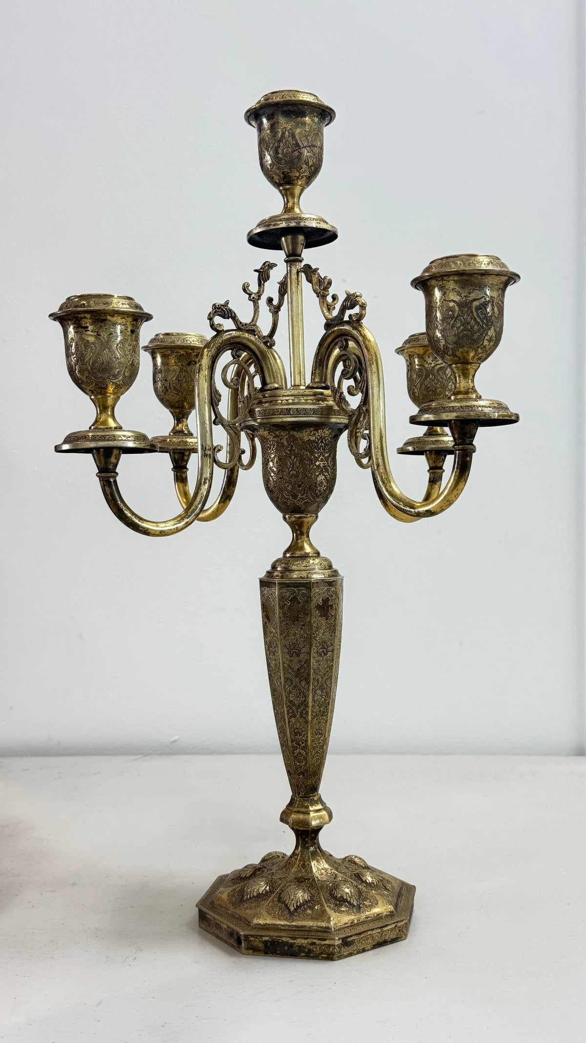 Pair of vintage French Baroque/Rococo style 4 arm brass candelabras