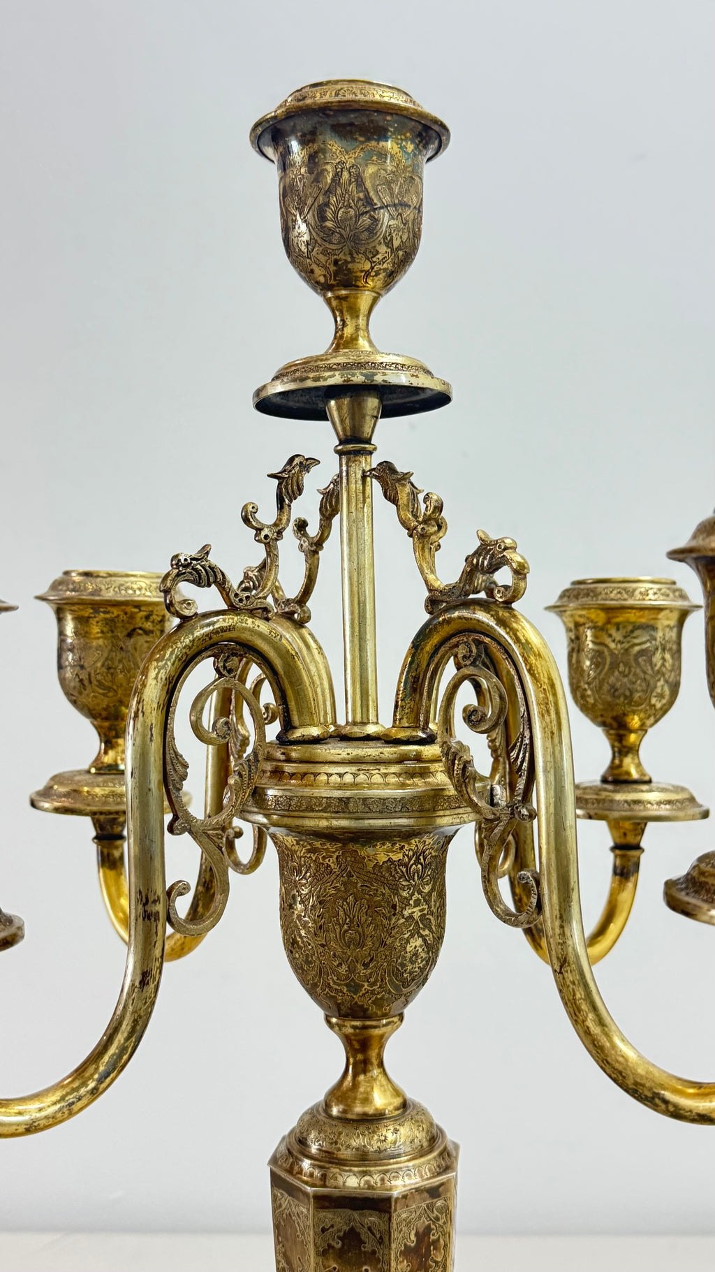 Pair of vintage French Baroque/Rococo style 4 arm brass candelabras