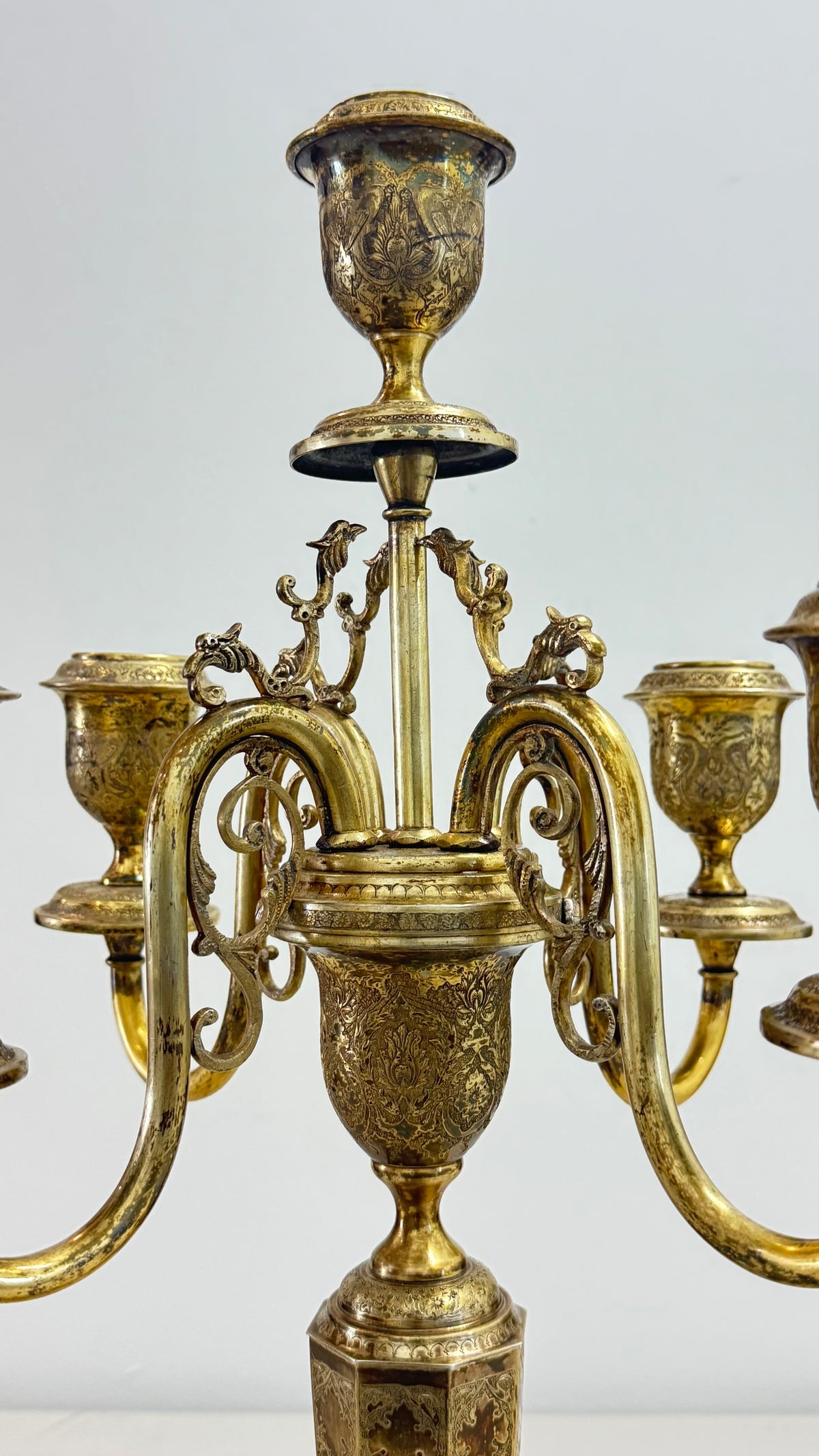 Pair of vintage French Baroque/Rococo style 4 arm brass candelabras