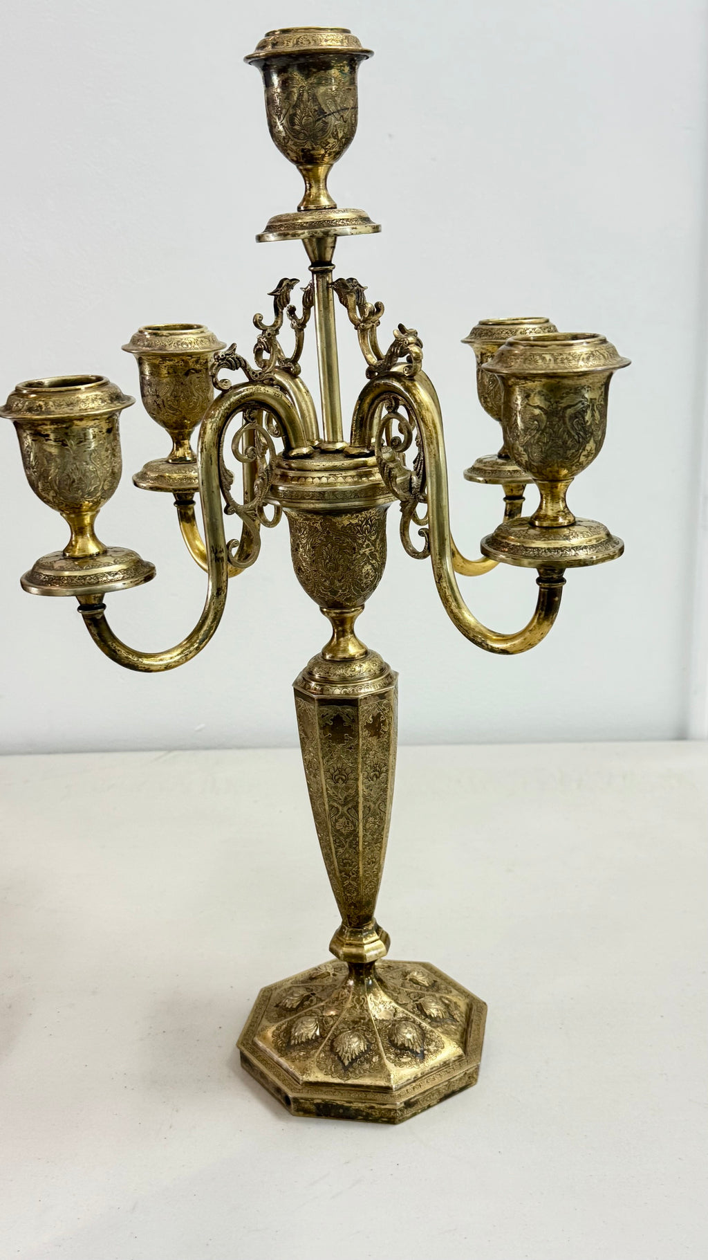 Pair of vintage French Baroque/Rococo style 4 arm brass candelabras