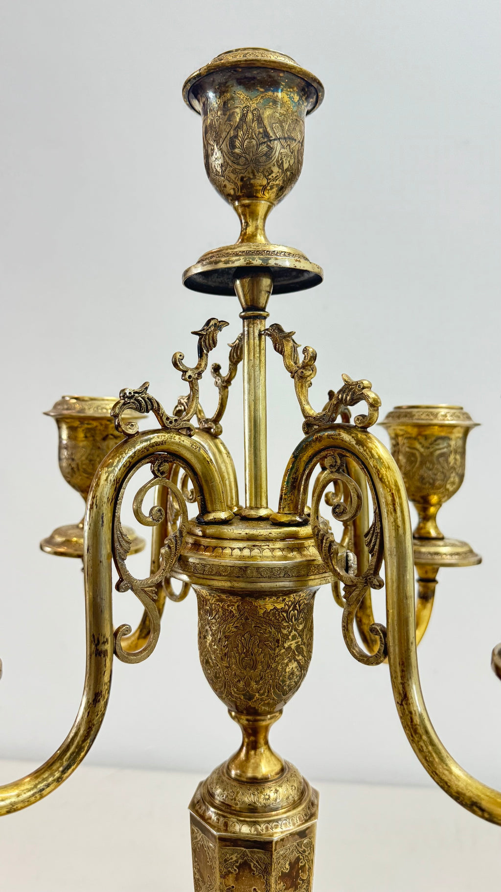 Pair of vintage French Baroque/Rococo style 4 arm brass candelabras