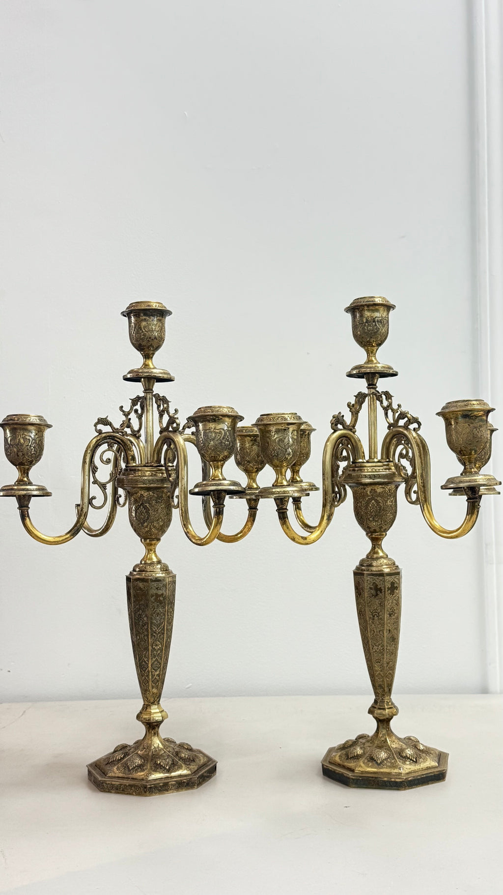 Pair of vintage French Baroque/Rococo style 4 arm brass candelabras