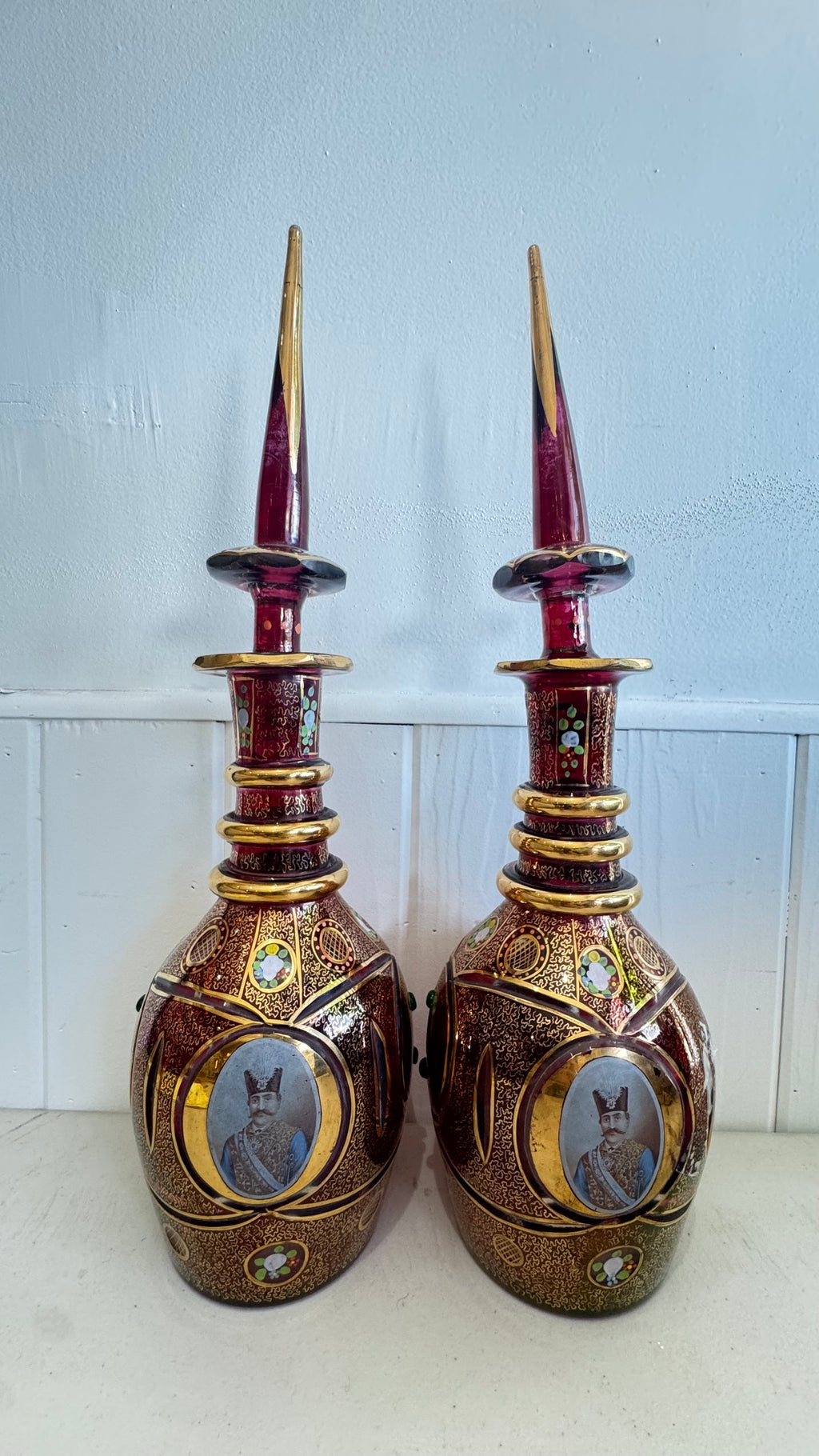 Pair of Qajar era Persian bohemian glass decanters/vases 21" by 6"
