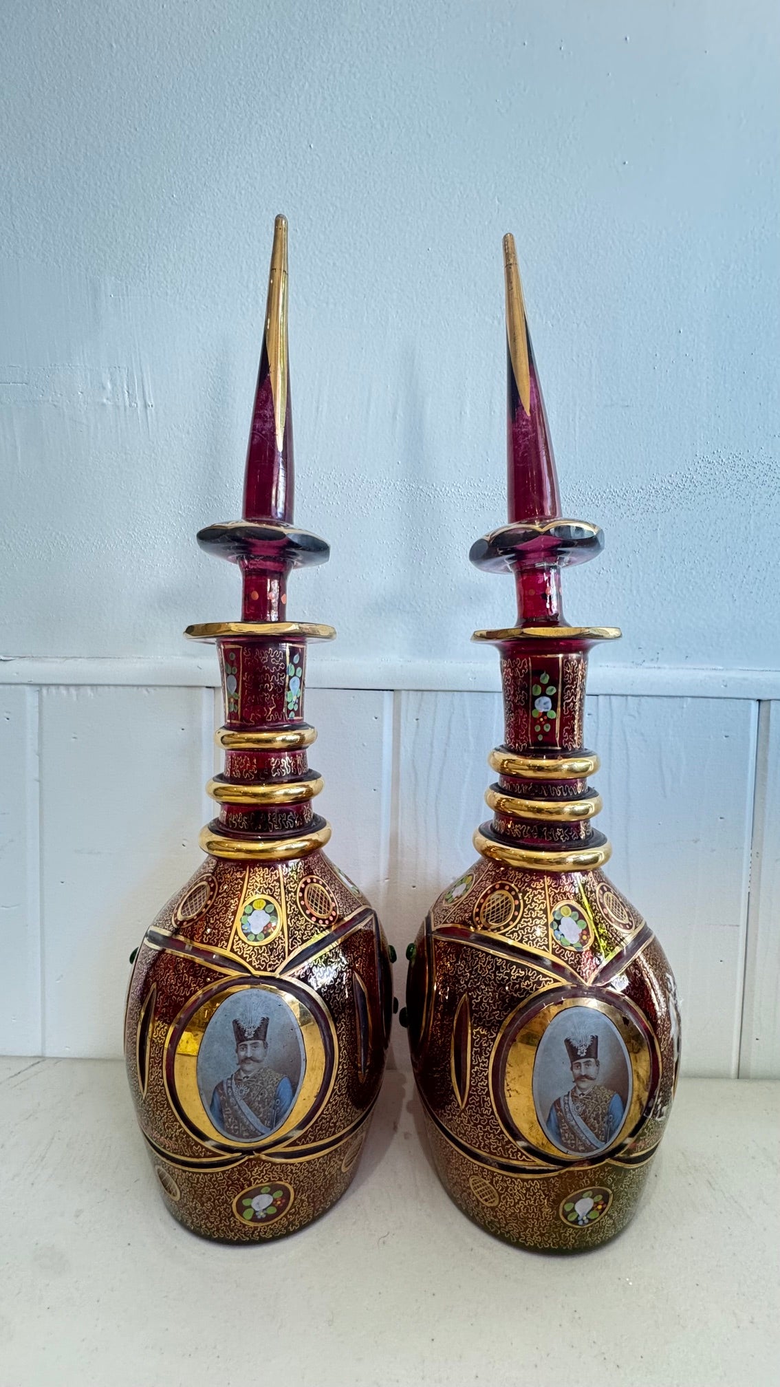 Pair of Qajar era Persian bohemian glass decanters/vases 21" by 6"