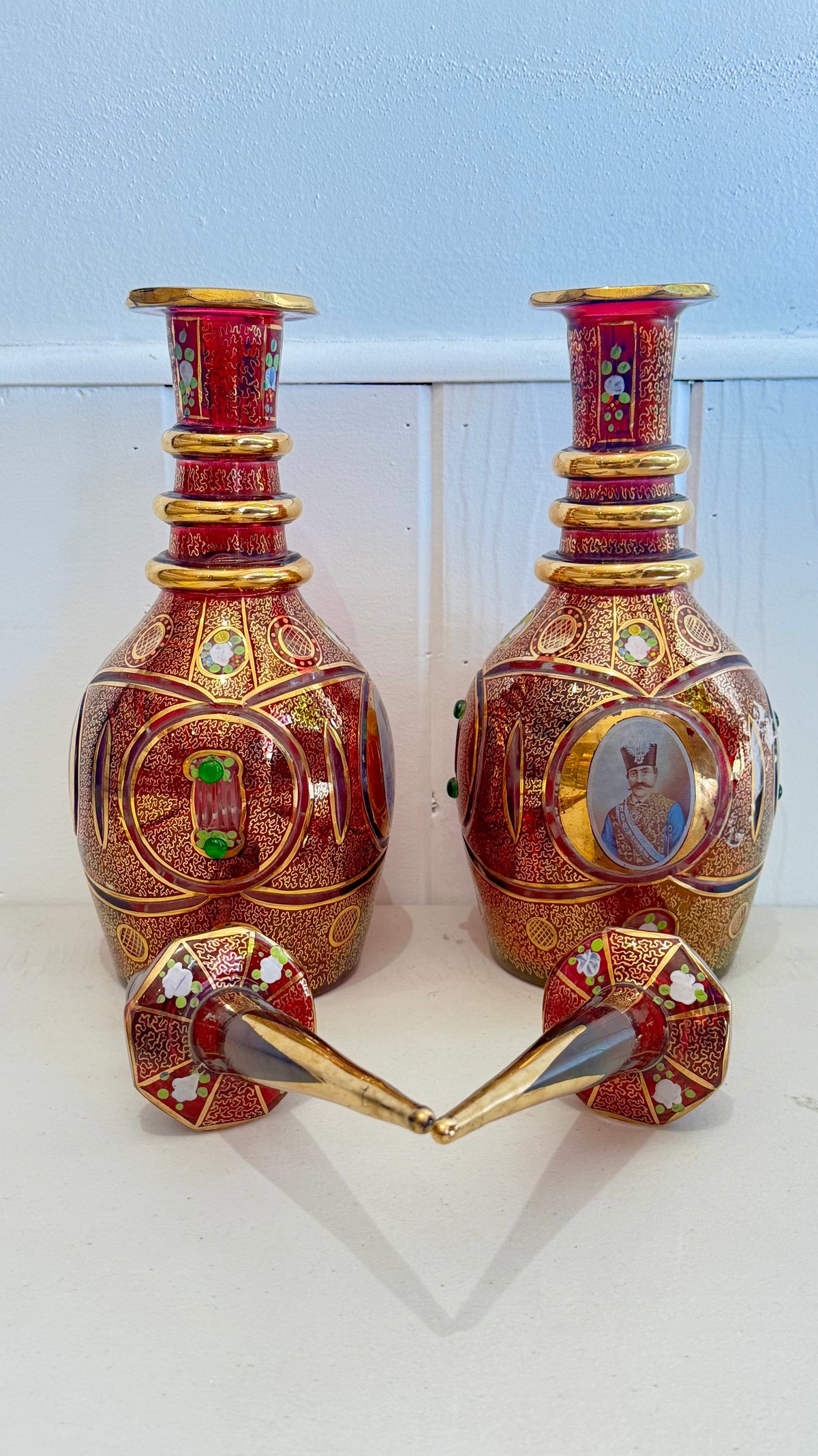Pair of Qajar era Persian bohemian glass decanters/vases 21" by 6"