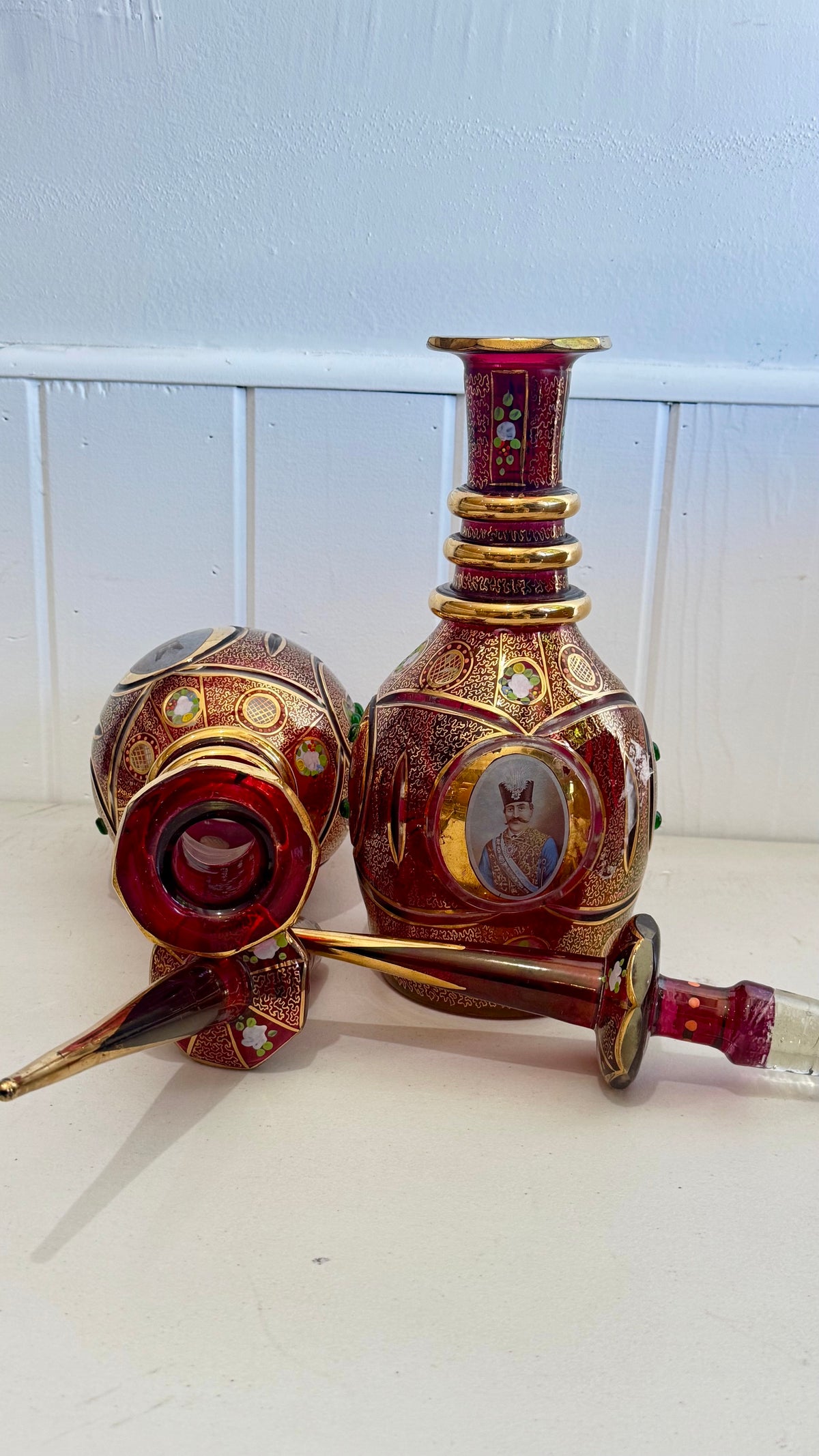Pair of Qajar era Persian bohemian glass decanters/vases 21" by 6"