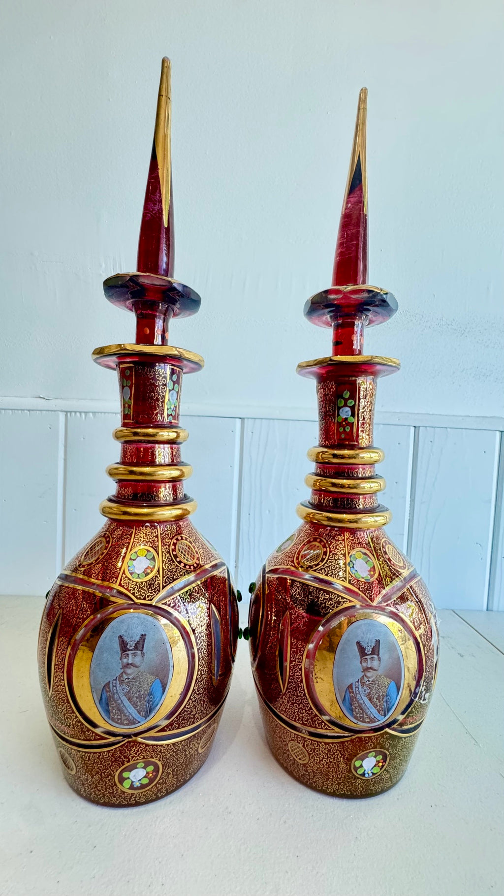 Pair of Qajar era Persian bohemian glass decanters/vases 21" by 6"