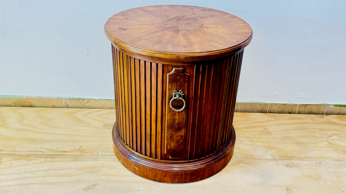 Vintage decorative hand carved wood drum side table