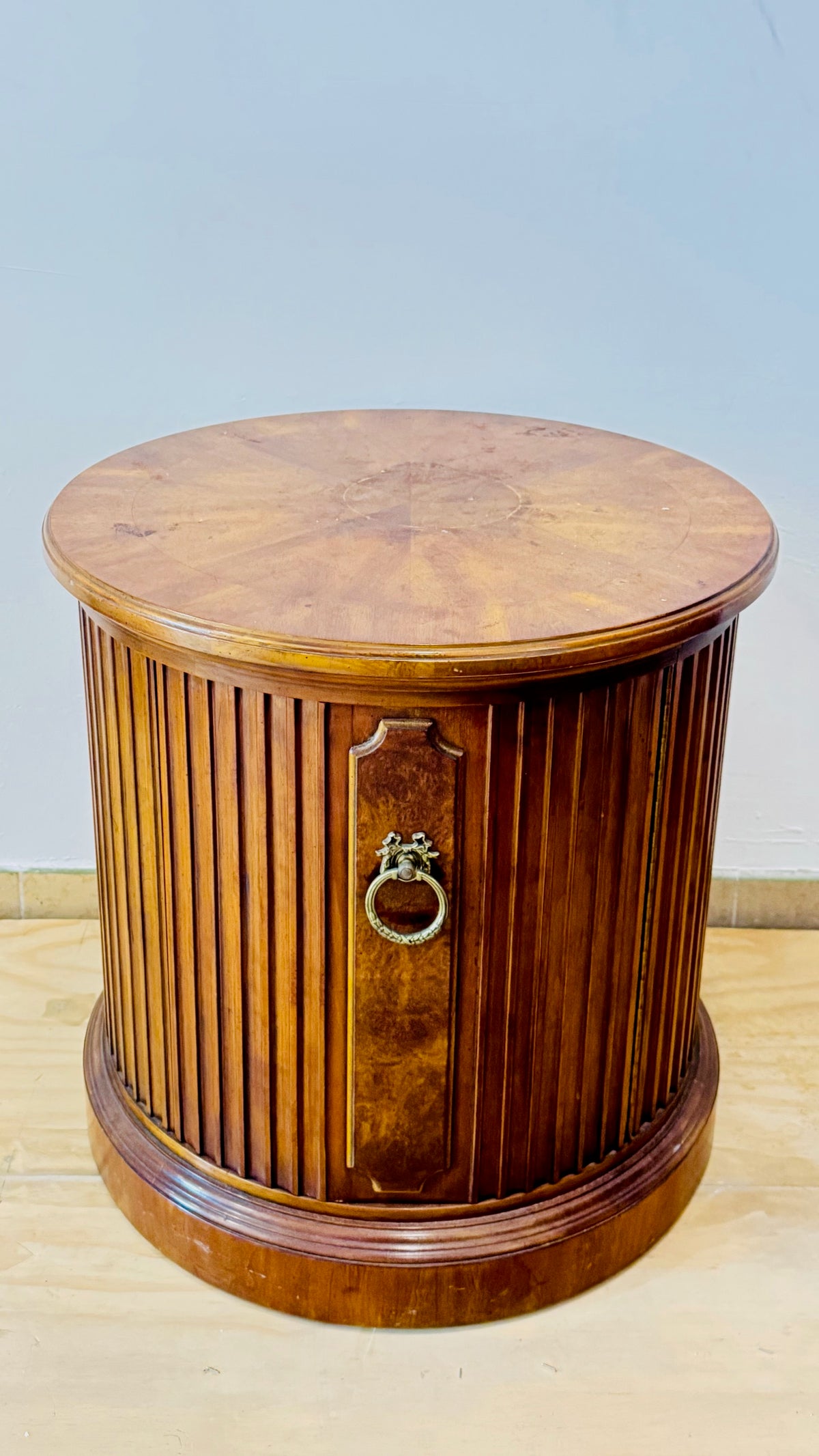 Vintage decorative hand carved wood drum side table