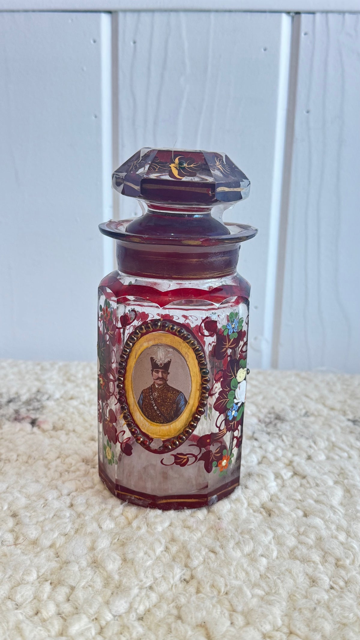 Two antique Persian Bohemian cut glass scent bottles/ portray of Nasser al-din shah Qajar