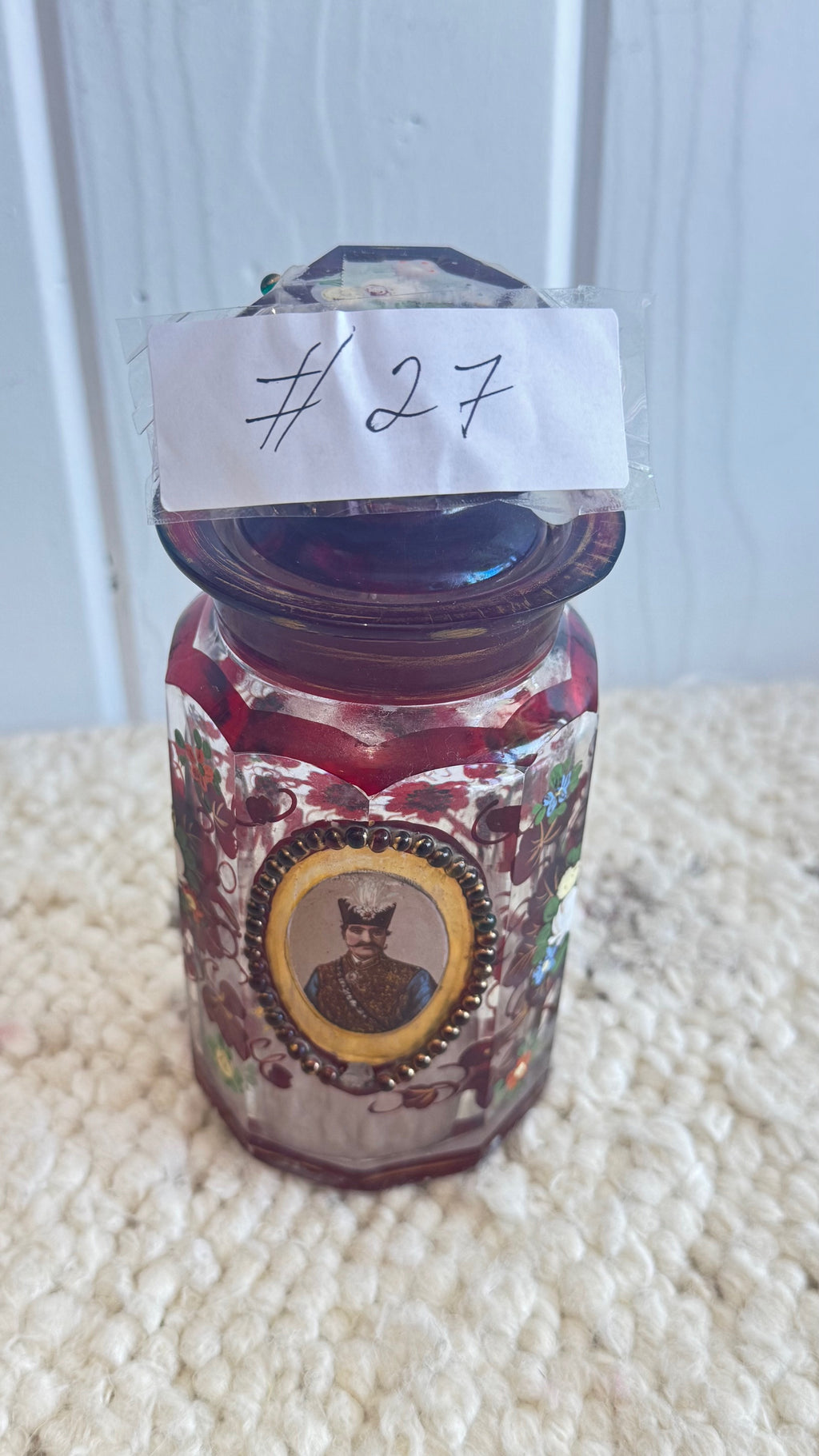 Two antique Persian Bohemian cut glass scent bottles/ portray of Nasser al-din shah Qajar
