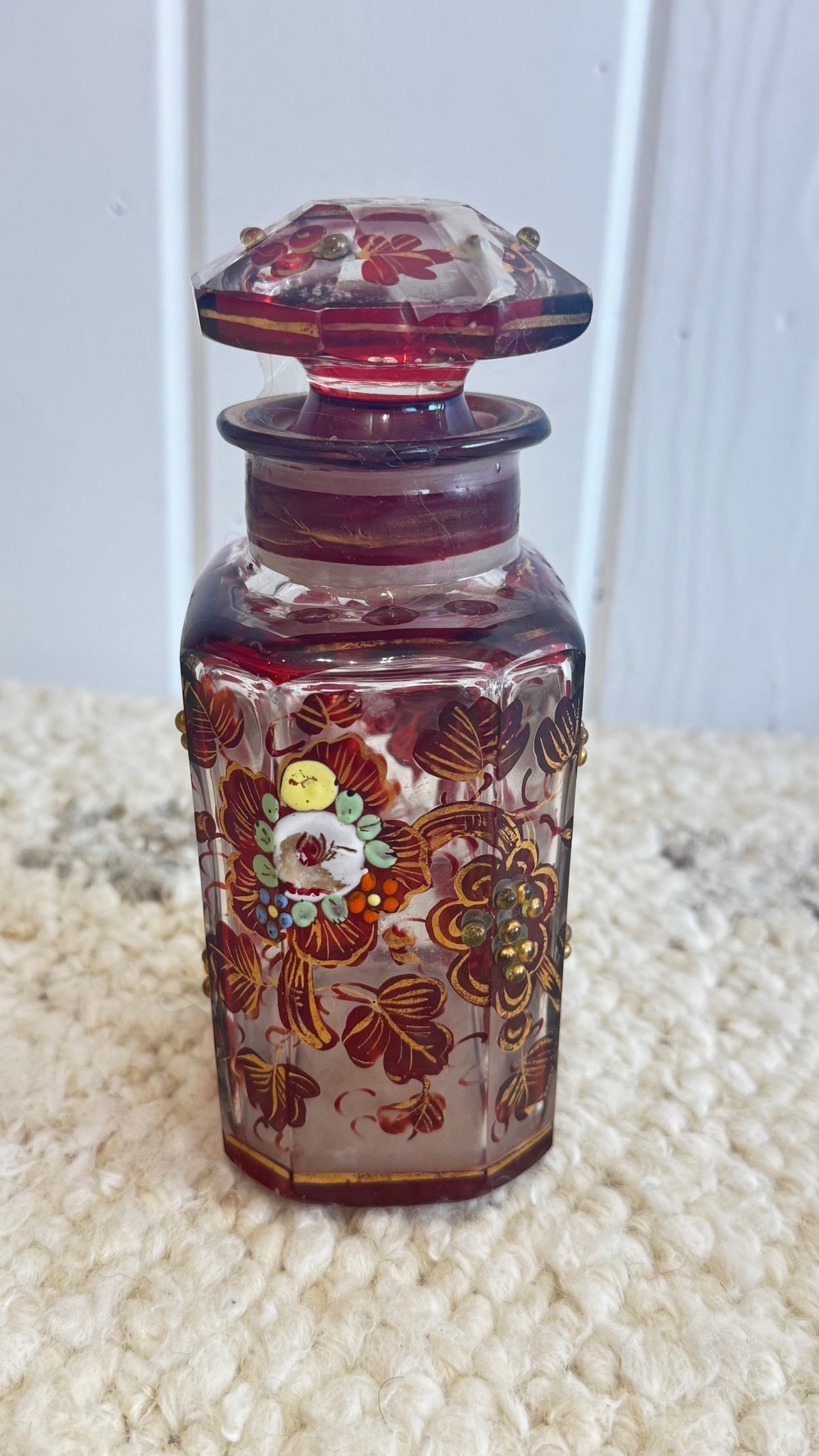 Two antique Persian Bohemian cut glass scent bottles/ portray of Nasser al-din shah Qajar