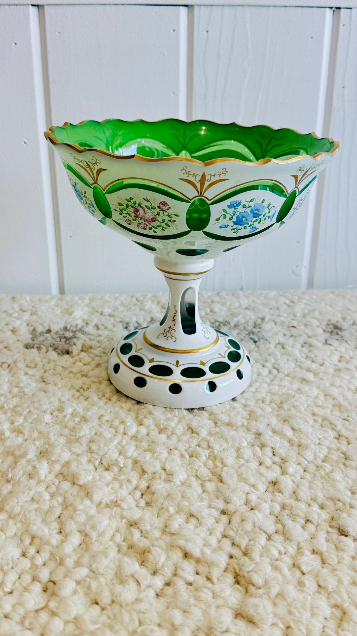Vintage French green Opaline glass pedestal bowl