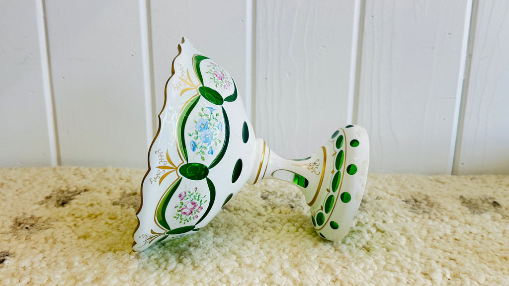 Vintage French green Opaline glass pedestal bowl
