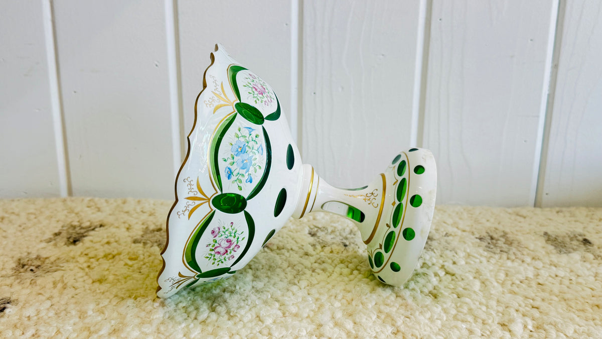 Vintage French green Opaline glass pedestal bowl