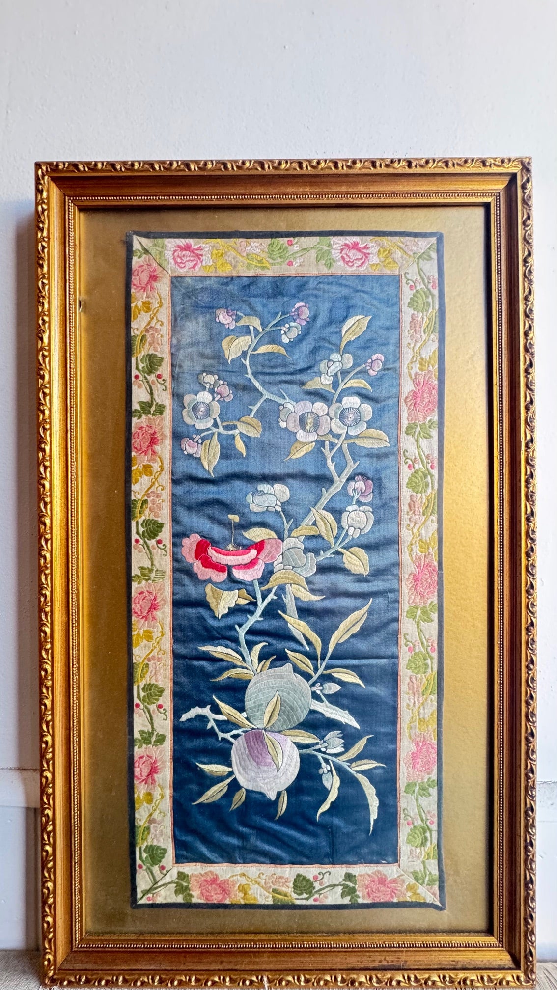 Antique framed Chinese silk panel (Qing Dynasty) 10"x22"