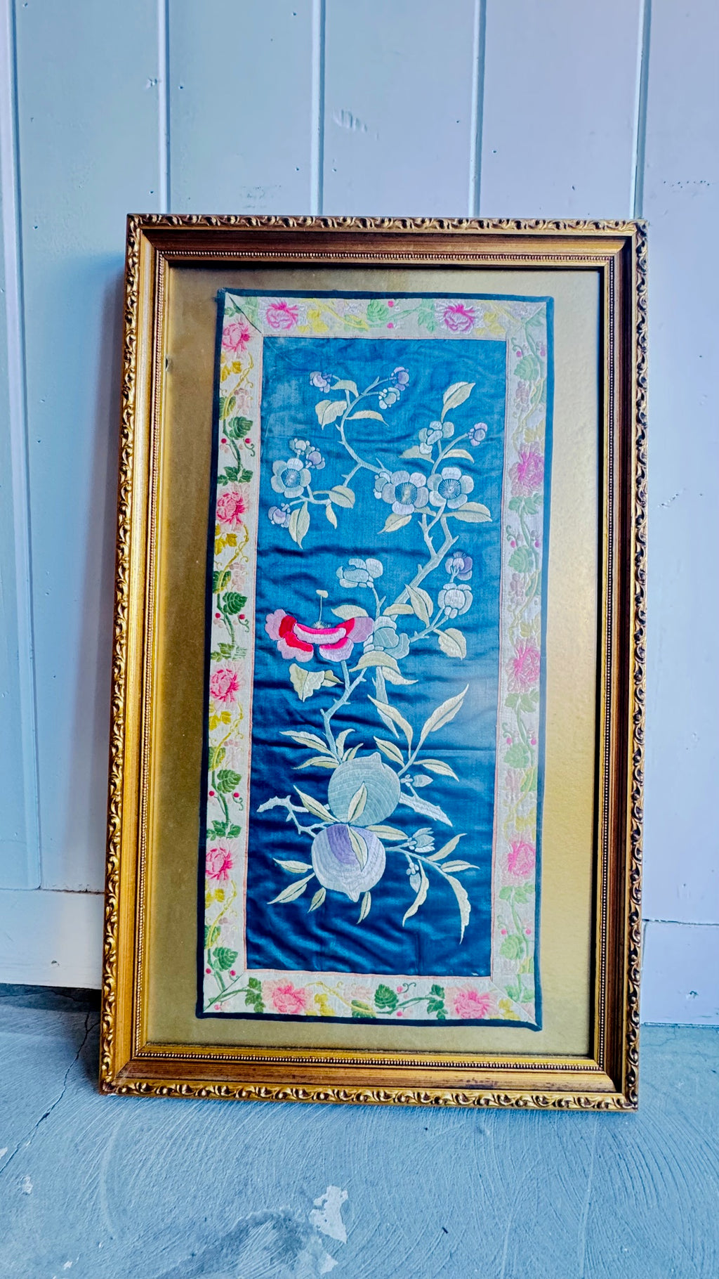 Antique framed Chinese silk panel (Qing Dynasty) 10"x22"
