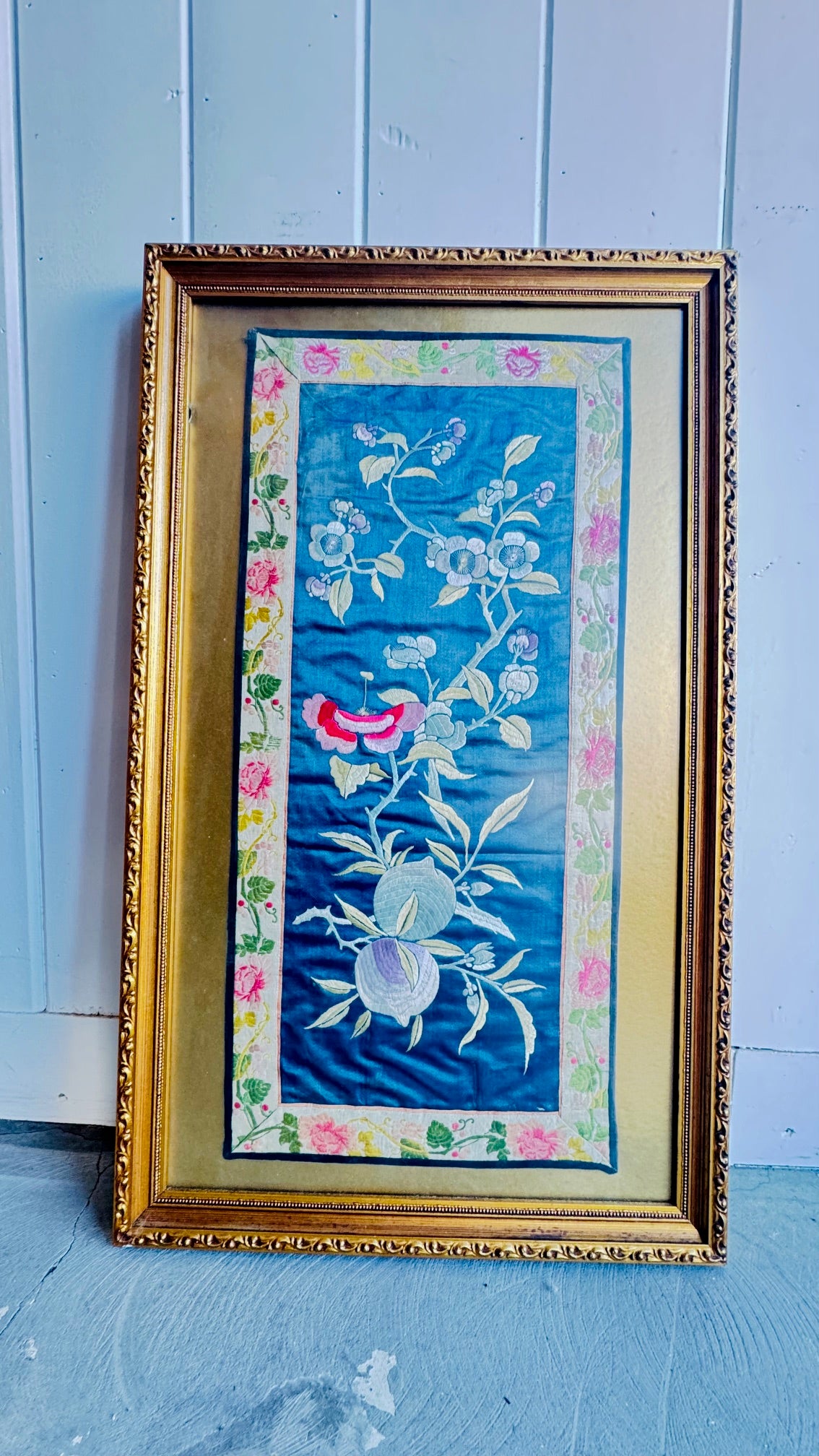 Antique framed Chinese silk panel (Qing Dynasty) 10"x22"