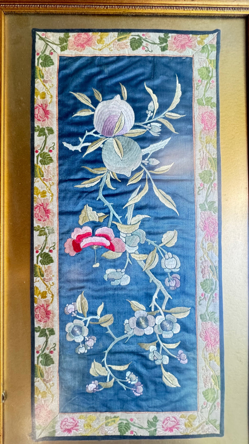 Antique framed Chinese silk panel (Qing Dynasty) 10"x22"